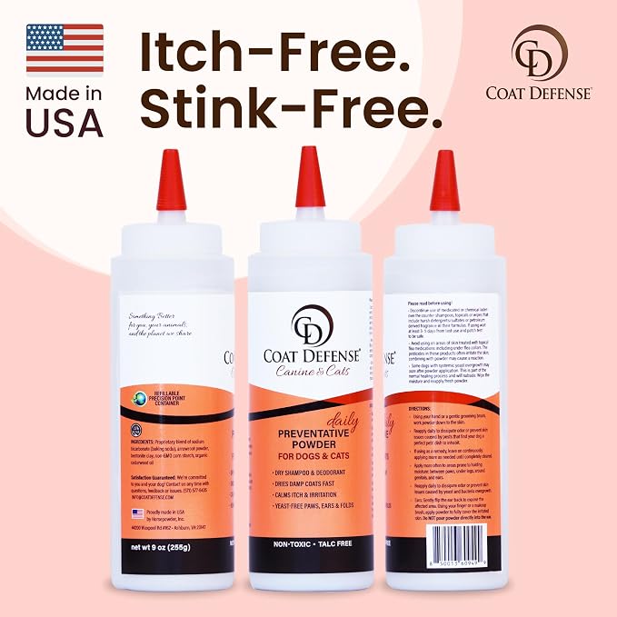 COAT DEFENSE Daily Preventative Powder | Made in USA | 9oz Precision Point Waterless Dog Shampoo & Pet Deodorizer for Smelly Dogs | Provides Anti Itch Relief | Dog Shampoo for Dry Itchy Skin