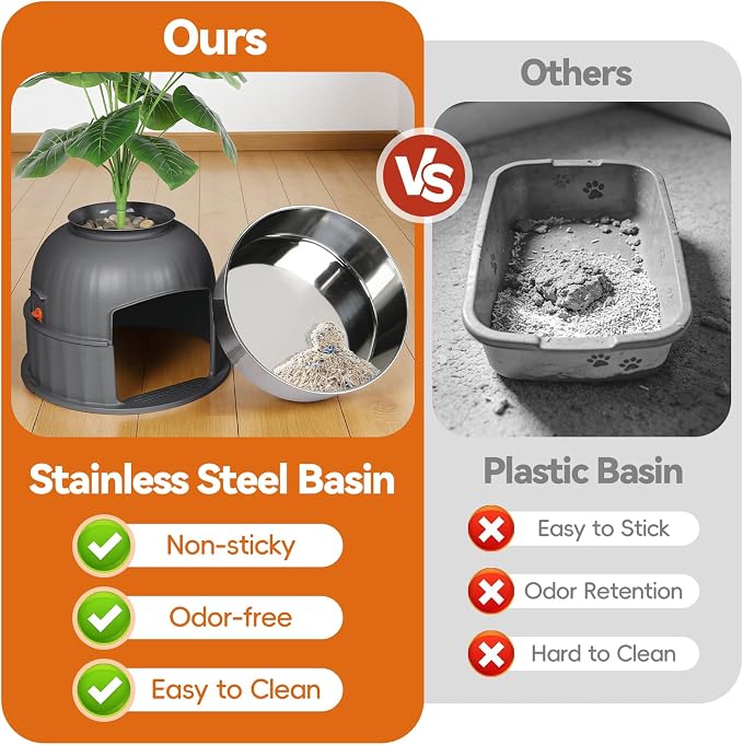 Three-Section Hidden Cat Litter Box, Stainless Steel Litter Box, Cat Litter Box Hidden with Faux Plant & Scoop, Vented Filter for Odor Control, Hidden Litter Box Furniture, Home Decor (Grey)