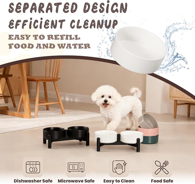Raised Ceramic Dog Bowl Set - Elevated Double Dishes with Stainless Steel Stand - Food and Water Bowls for Small Dogs and Indoor Cats - Each Holds 1.6 Cups (10.8 fl oz) - Pink
