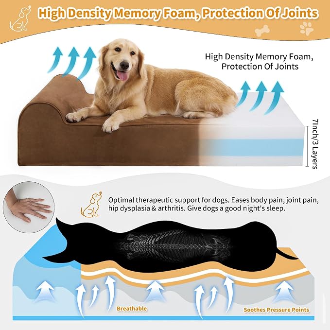 Rainmr Orthopedic Dog Beds for Large Dogs, 7" Memory Foam Dog Beds with Waterproof Liner, Durable Microsuede Cover, Removable and Washable, Nonskid Bottom, 48"x30"x7" L Chocolate