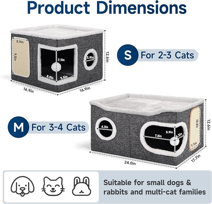 Shikha Cat Beds for Indoor Cats, Extra Wide Cat Cube House for Multi Cats, Foldable Cat Cave Hideaway with Arc-Edge Design & Oval Door, Reversible Cushion for All Seasons, 24"L x 17.7"D x 12.6"H, Grey