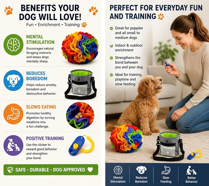 Dog Training Starter Kit with 7.9-Inch (20 cm) Snuffle Ball, Clicker & Treat Pouch