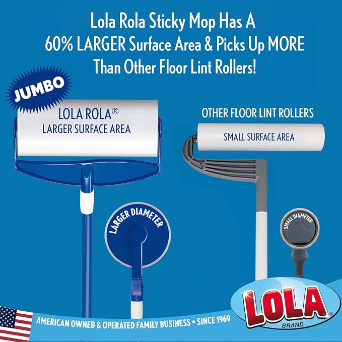 LOLA Rola PET Hair Remover Sticky Mop, Giant Floor Lint Roller, 9" x 3.5", Extender Handle, Largest Head, Traps Hair, Dust, Dirt, Extra Sticky Sheets