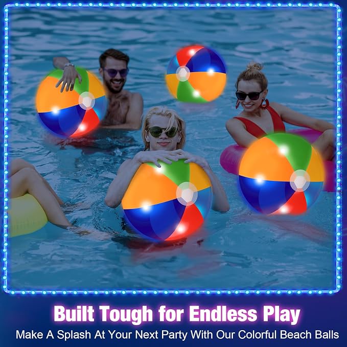 MiniInflat 4 Pcs Light up Beach Balls 16'' Jumbo Pool LED Balls Glow in the Dark Neon Giant Inflatable for Summer Hawaiian Tropical Theme Beach Party Decor Water Accessory (Multicolor)