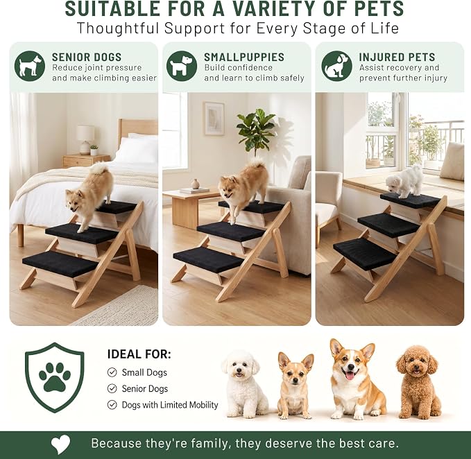 Dog Stairs/Ramp for Bed, Wooden 2-in-1 Foldable Pet Stairs & Ramp, Portable Dog Ladder Up to 180 Pound for Elderly/Short-Legged Dogs, 3 Steps for Beds, Couch, Cars