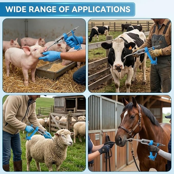 50ml Adjustable Veterinary Metal Liquid Feeding Dispenser, Continuous Dosing Applicator for Sheep, Cow, Pig, Horse | Heavy-Duty Reusable Livestock Supplementation Tool