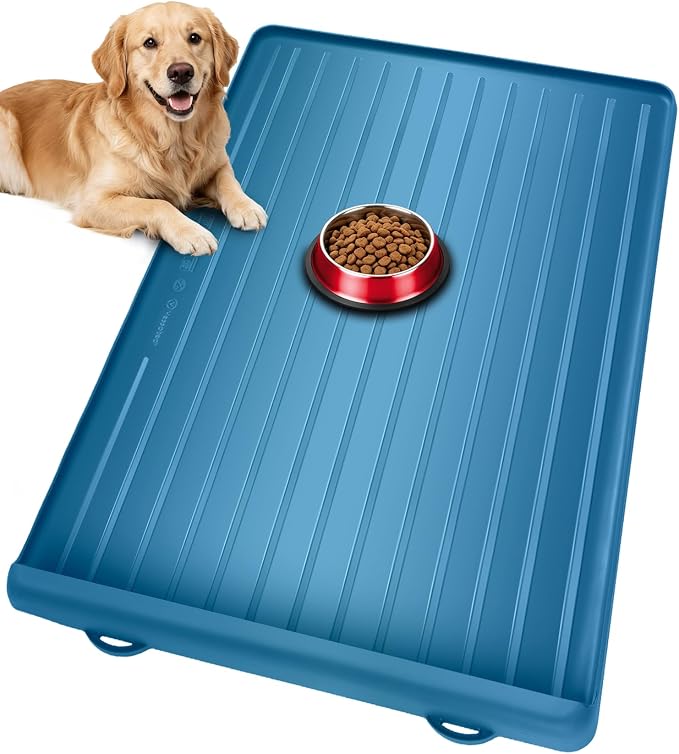 Dog Mat for Food and Water - 39.4" x 27" Large Pet Feeding Mats with Residue Collection Pocket - Waterproof Dog Cat Bowl Mat with High Edges to Prevent Water and Food Spills (Navy)