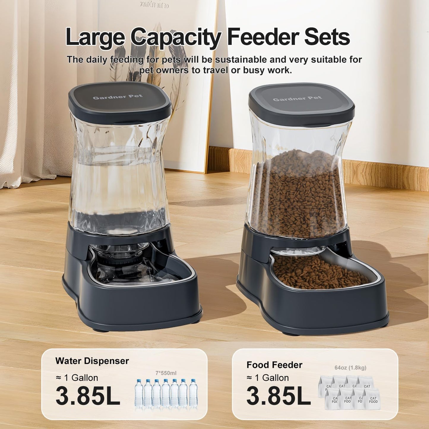Gardner Pet Automatic Dog Water Dispenser Gravity Stainless Steel Waterer & Food Feeder Set, 100% BPA Free Large Capacity Feeding Bowls for Medium & Large-Sized Dogs Cats Other Pets -(1 Gallon x2)