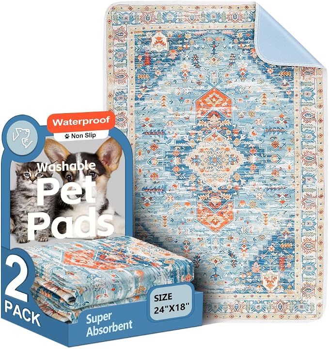 Washable Pee Pads for Dogs 2 Pack Reusable Puppy Training Pads 24"x18" Super Absorbent Waterproof Dog Training Pads, Non-Slip Potty Pads Whelping Pads Litter Mat Pet Supplies - Blue/Mix