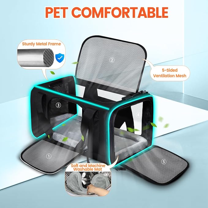 Petskd Small Pet Carrier with Wheels(18" L x 13" W x 9.5" H), Southwest Airlines Approved, Rolling Pet Carrier for Small Dogs & Cats (Black)