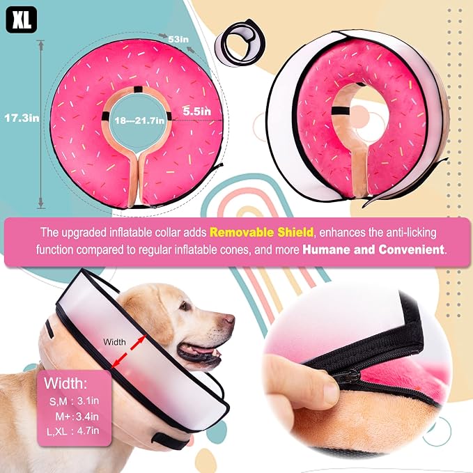 Inflatable Dog Cone Collar with Enhanced Anti-Licking, Soft Neck Donut for Dogs Cats, Recovery Pet Cone Collar After Surgery for Large Medium Small Dogs… (Donut Pink, X-Large)