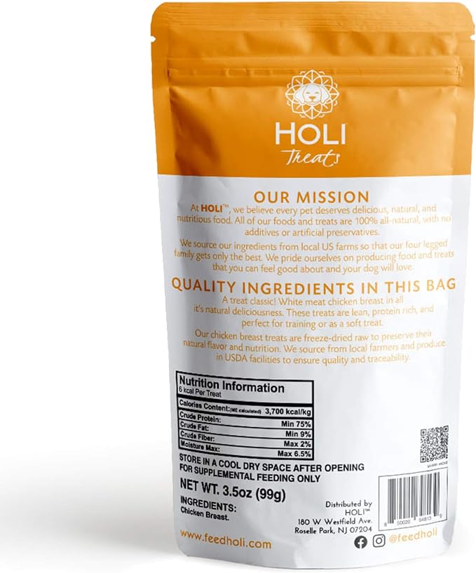 HOLI Freeze Dried Chicken Breast Dog Treats. Single Ingredient Freeze Dried Chicken Treats for Dogs. Healthy All Natural Dog Snack Made from 100% Breast Meat. High Value Training Treat. 1.75 oz