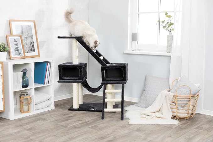 TRIXIE Malaga Cat Tower – Cat Tree with Extra-Thick Sisal Posts, Caves, Platforms & Hammock – Durable Cat Furniture for Indoor Cats – Gray, 18" x 28" x 43"