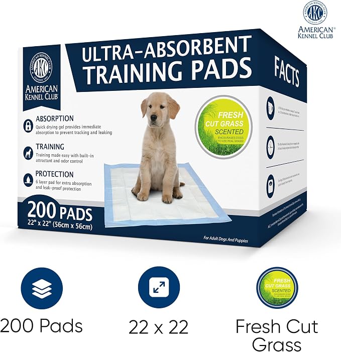 American Kennel Club Scented Puppy Training Pads with Ultra Absorbent Quick Dry Gel – 22 x 22 Pee Pads for Dogs - Grass Scented - 200 Count