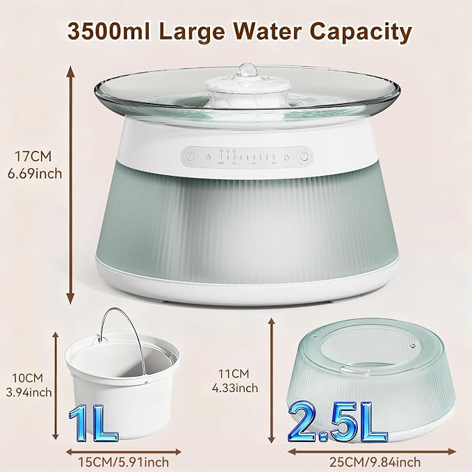 Glass Smart Pet Water Fountain,Cat Drinking Water Fountain Bowl No Filter,Battery Operated Filterless Pet Water Fountain