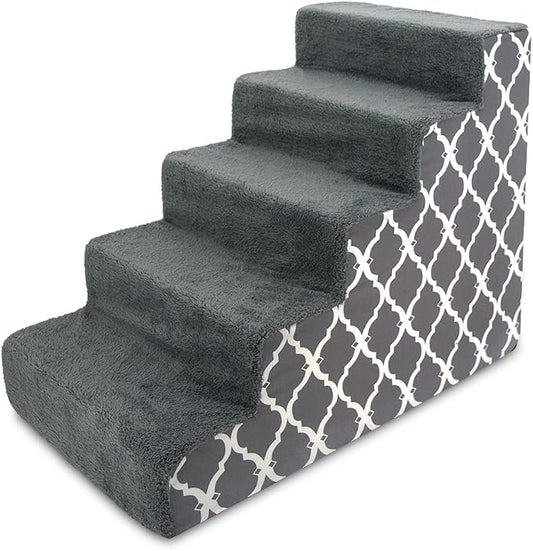 Best Pet Supplies Dog Stairs for Small Dogs & Cats, Foam Pet Steps Portable Ramp for Couch Sofa and High Bed Non-Slip Balanced Indoor Step Support, Paw Safe No Assembly - Gray Lattice Print, 5-Step