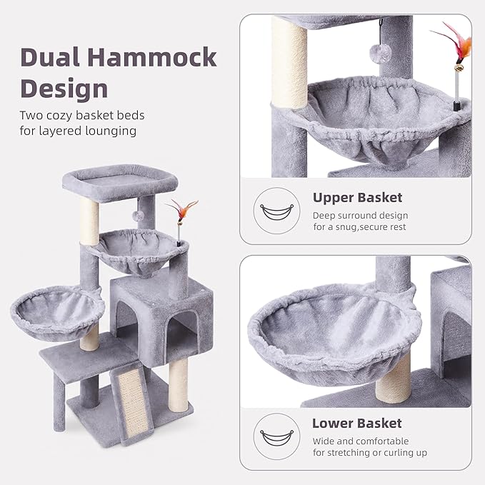Cat Tree with Cat Condo and Two Hammocks, Cat Tree with Scratching Posts and Scratching Pads, Cat Tower for Indoor Cats, Activity Centre Climbing Tree with Playful Toy Balls, Grey