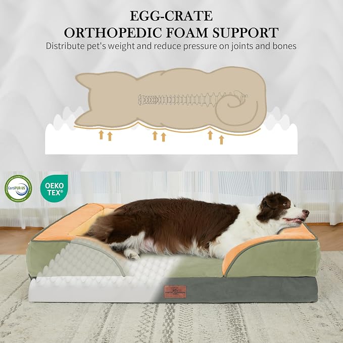 Comfort Expression Orthopedic Dog Bed for Large Dogs 36x27 Inch, Waterproof Egg Crate Foam Large Pet Bed with Removable Bolsters, Dog Couch with Washable Cover & Non-Slip Bottom, Avocado