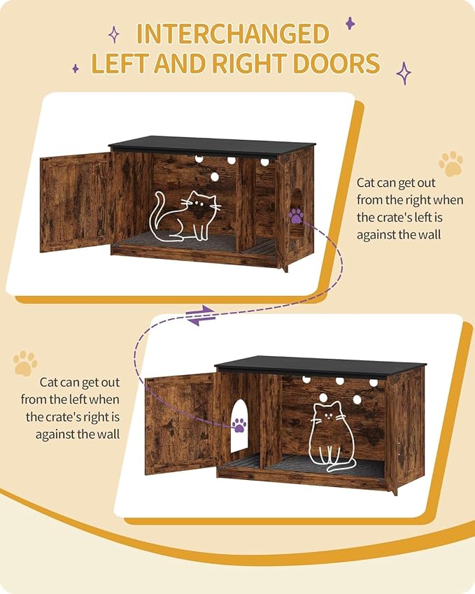 Hzuaneri Cat Litter Box Enclosure with Cushion, Hidden Litter Box Furniture with Removable Dividers, Reversible Entrance Left or Right Side, Cat House, Rustic Brown and Black CB84701X