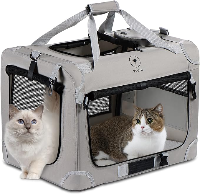 PEGIC Extra Large Cat Carrier for 2 Cats, Grey, X-Large | Portable Soft Sided, 24"×16"×16", Indoor and Outdoor Uses, For Car Traveling, Vest Visits