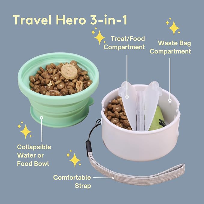 Travel Hero 3-in-1 Portable Pet Food Container for Puppies and Small Breeds, Comes with a Silicone Water Bowl and Poop Bag Dispenser in One, Lavender Cream