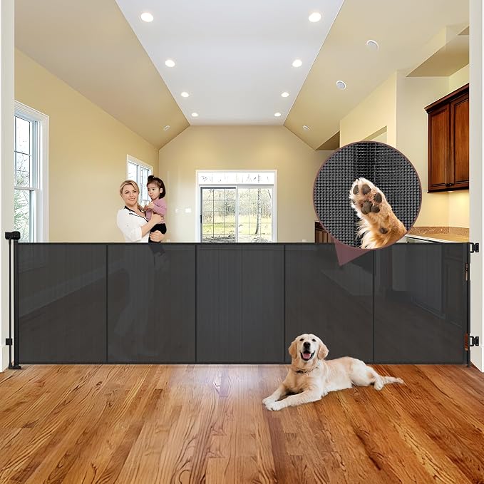 Reinforced 41" Tall × 120" Extra Wide Retractable Baby Gate with Support Rods, Indoor Extra Long Baby Gate Retractable Dog Gate Outdoor Retractable Gate Extra Tall Pet Gate for Large Openings, Black