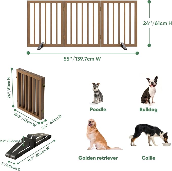 Dog Gates for Doorways, Freestanding Dog Gate Indoor, Foldable Pet Gates for Doorways Bedroom, Puppy Gate with Metal Support Feet, Room Divider 3 Panels (Dark Walnut)