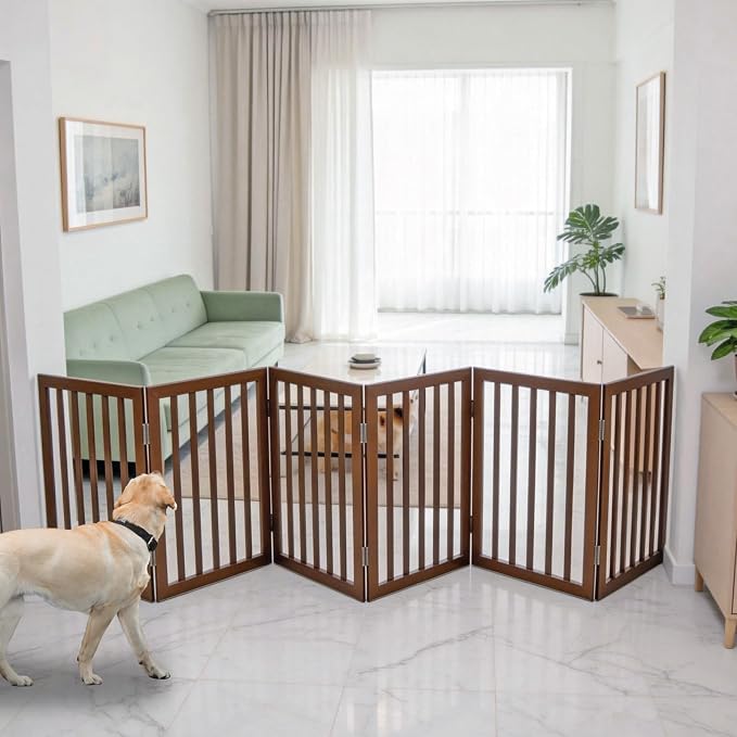Dog Gate Indoor, Freestanding Dog Fence for The House, Doorways, Hallways,or Stairs,Pet Gate Foldable Wooden,Expandable 24" Height 6 Panels,Brown