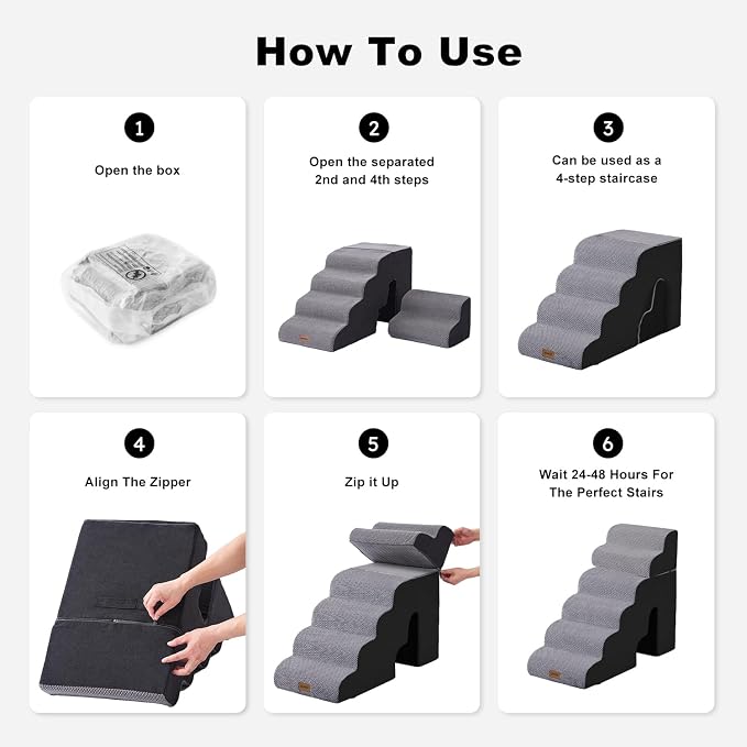ZOMISIA Dog Ramp for High Beds - 29" H 6 Steps Pet Stairs for Large Dogs with Tunnel 2 in 1 with Zippers Suitable, Indoor Cat Ladders with Non-Slip Bottom, Black