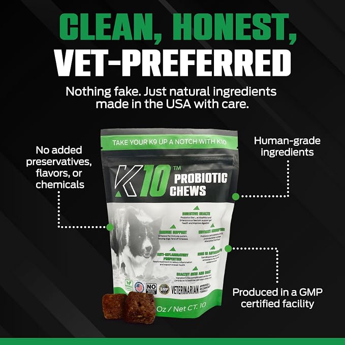 K10 Probiotic Chews for Dogs (10ct) – Advanced Digestive Support with Probiotics, Prebiotics & Superfoods – Vet-Preferred Dog Supplement for Digestion, Immunity, Skin, Coat & Everyday Vitality