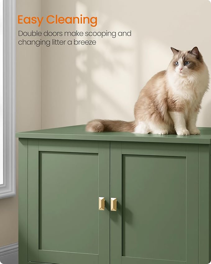 Feandrea Cat Litter Box Enclosure, Modern Hidden Cat Litter Box Furniture, Double Doors, Handles, Indoor Pet House Washroom, Living Room Side End Table, Forest Green UPCL015CH01
