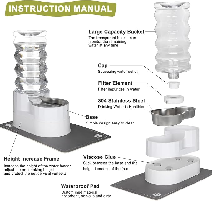 RIZZARI 9L Elevated Stainless Steel Dog Water Dispenser – Gravity Auto-Refill Pet Waterer with Filtered Hydration Design, Comfortable Drinking Height for Large & Senior Dogs,Indoor & Outdoor Spaces