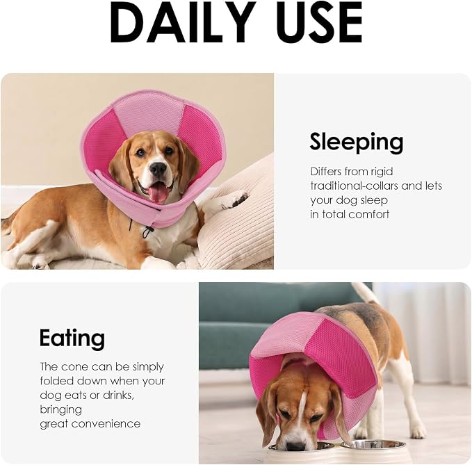 AOFITEE Dog Cone - Foldable Cone for Dogs After Surgery, Adjustable Comfy Cones to Stop Licking, Soft Dog Cone Collar for Large Dogs, Elizabethan Pet E-Collar for Wound Healing, Pink Large