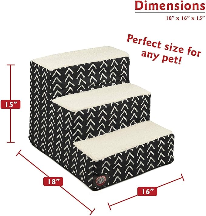 Majestic Pet 3 Step Portable Dog Stairs for Small Dogs to get on Bed Supports 250 lbs or Less – Dog Steps for High Bed with Machine Washable Cover –Pet Stairs for Cats Boho Arrow Black