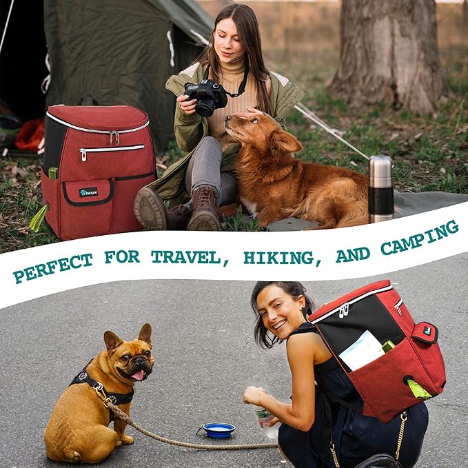 PetAmi Dog Travel Bag Backpack, 27L Airline Approved Pet Supplies Organizer with 2 Food Containers, 2 Collapsible Bowls & Poop Bag Dispenser, Weekend Road Trip Camping Dog Mom Gift, Red