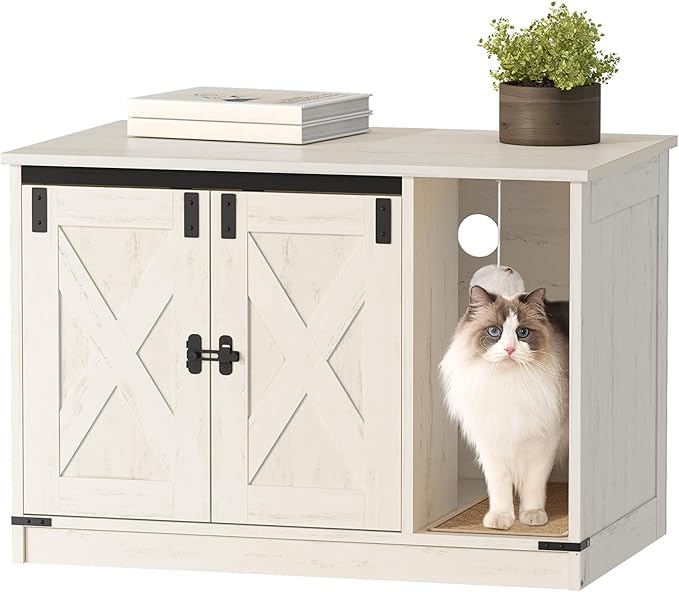 Hzuaneri Cat Litter Box Enclosure, Hidden Litter Box Cabinet Furniture with Bell, Indoor Cats House, Farmhouse Style, 31.5 x 19.7 x 20.9Inches, for Hallway, Bedroom, White CB82414B