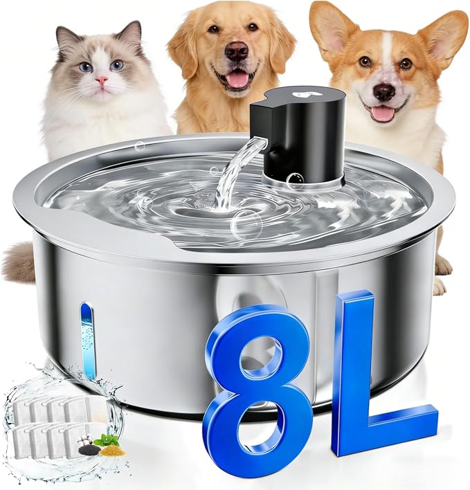 Dog Water Fountain, 8L Stainless Steel Dog Water Fountain for Large Dogs, Dog Water Bowl Dispenser, Super Quiet Pump and Replacement Filters for Cats and Dogs