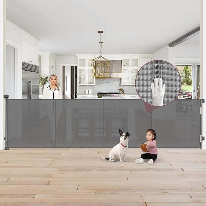 Reinforced 41" Extra Tall Retractable Baby Gates Extra Wide Dog Gate 150" Retractable Pet Gate with Support Rods, Indoor Mesh Gates for Kids or Pets Retractable Fence Outdoor Extra Tall Dog Gate, Gray