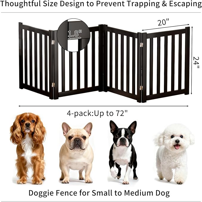 4-Panel Solid Wood Dog Gate - Freestanding Folding Pet Gate for Doorways, Stairs, Indoor, 24" Height, No Installation Needed, Black