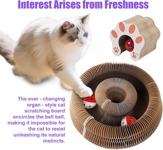 2-Pack Kitty kurls cat Scratcher – Foldable Magic Organ Cat Play Toy with Reversible Corrugated Pads & Bell Ball Interactive Board for Indoor Cats