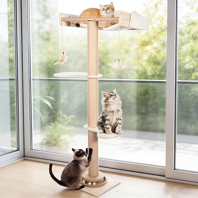 Fantasreen Cat Window Hammock 48" Adjustable Scratching Posts, Multi-Level Window Mounted Cat Tree with Natural Sisal and Track Toys for Large Cats, Climbing, Sunbathing & Bird Watching (Drill-Free)