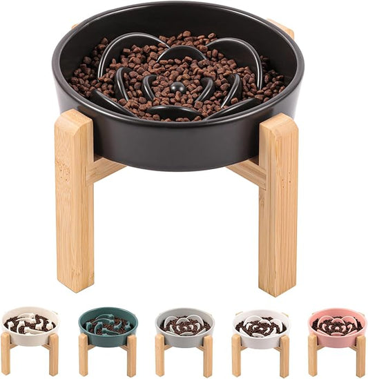 Black Ceramic Dog Bowl Slow Feeder for Medium and Large Breed,Elevated/Raised 1.5 Cup 8.26 in Slow Feeding Bowl,Puzzle Dog Food Bowl for Fast Eater,Maze Dish for Fast Eater