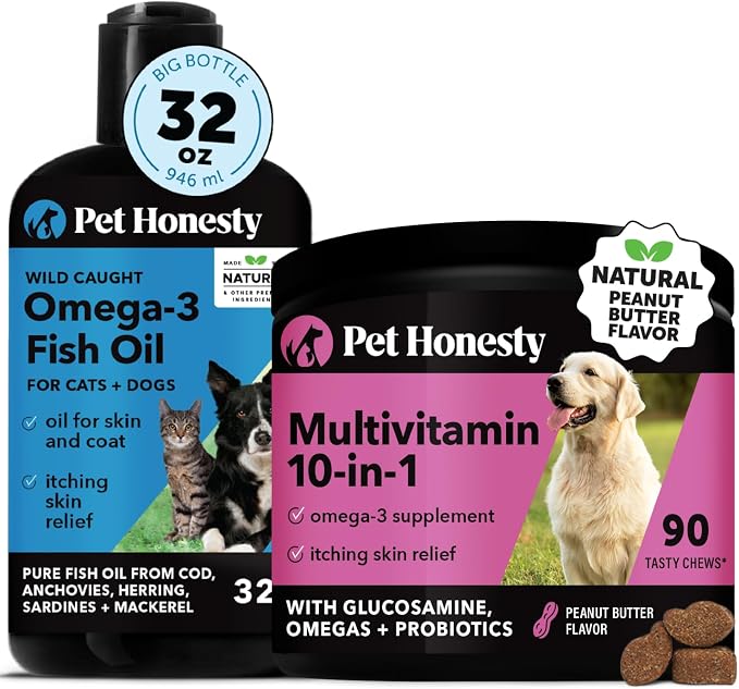 Omega 3 Fish Oil & Multivitamin Virtual Bundle: Wild Caught Omega 3 Supplement & Dog Vitamins with Glucosamine for Skin and Coat (32oz & Peanut Butter 90 ct)