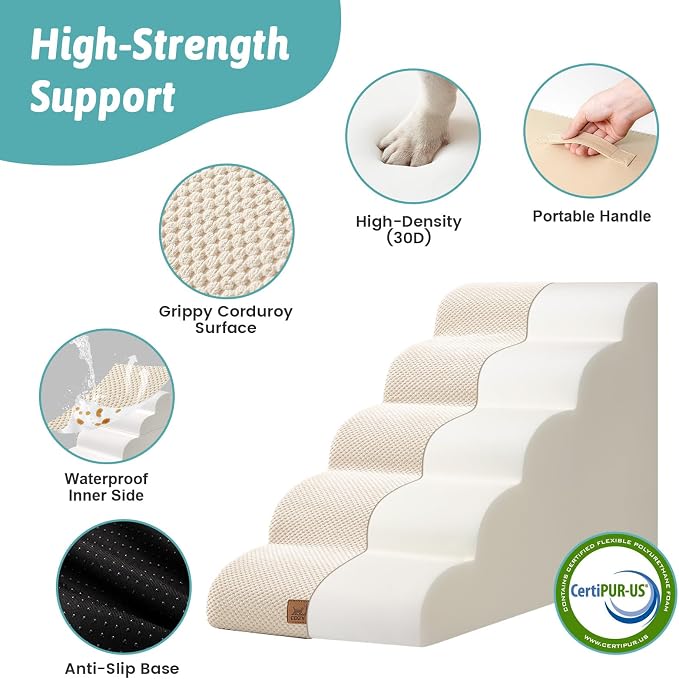 COZY KISS Wide Dog Stairs for Small Dog 22.6" H, Curved Pet Step for Puppy, Older Cat, Curved Ramp for High Bed or Car, Ladder with High Density Foam, Durable, 5 Step, 17.7x33x22.6 inch, Beige
