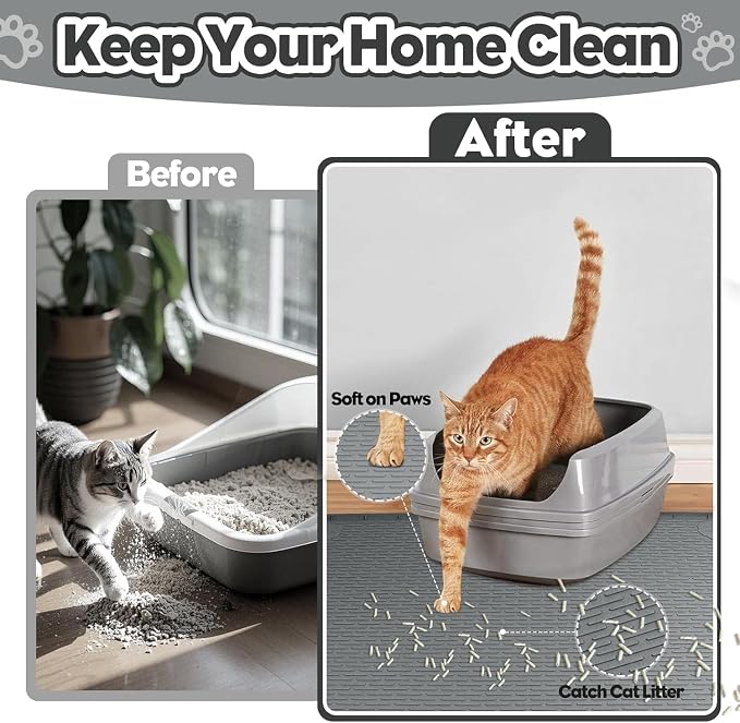 Kalolary Cat Litter Box Mats, Large 34" x 22" Silicone Cat Mat, Easy to Clean Kitty Litter Trapping Mat, Soft on Kitty Paws, Waterproof, Urine-Proof Kittys Litter Mats for Floor, Dark Grey