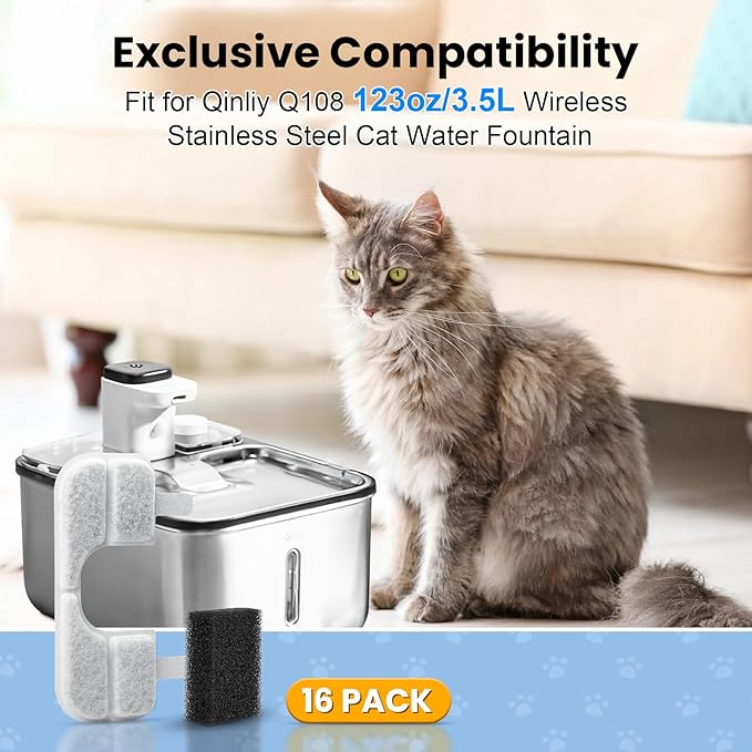 16 Pack Replacement Filters & 16 Pump Filter Sponges for Qinliy Q108 123oz/3.5L Stainless Steel Cat Water Fountain Filter Replacement