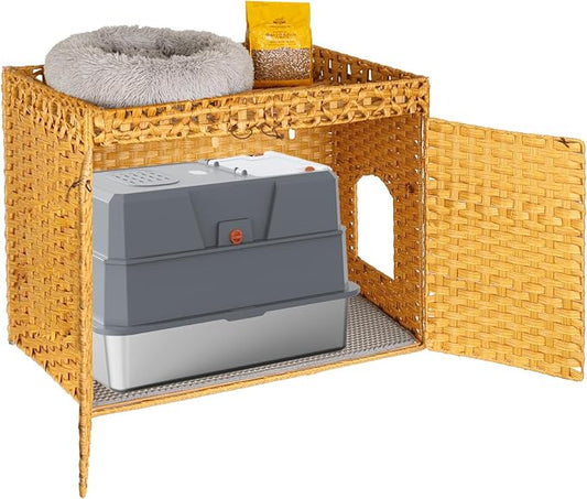 SZEE Cat Litter Box Enclosure Furniture, Hidden Litter Box with Mat, Handwoven Rattan Cat Houses for Indoor/Outdoor Cats, Large Litter Box Enclosure with 12” Edge for Living Room/Bedroom/Washroom