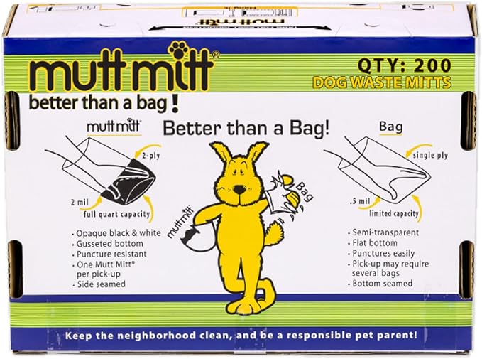 Mutt Mitt® 2-Ply dog waste pick-up bags Dispense-A-Mitt™ - 200 Dog Waste Bags in a wall mountable box.