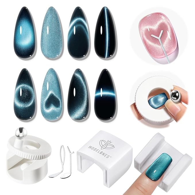 Modelones 5D Automatic Cat Eye Magnet for Nails, 5Pcs Circle Nail Magnet Tool for Cat Eye Gel Polish, 360 Rotating Cat Eye Magnet Tool, U-Shaped&Ball Magnet&Hole&Heart Magnets for Glass Bead Nail Art
