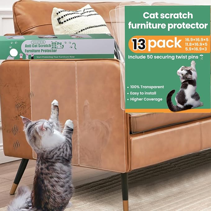 Anti Cat Scratch Furniture Protector,13Pcs Single-Sided Sticky Couch cat Scratch Protector,Couch Corner Protectors for Cats,Transparency cat Couch Protector,Cat Repellent Tape